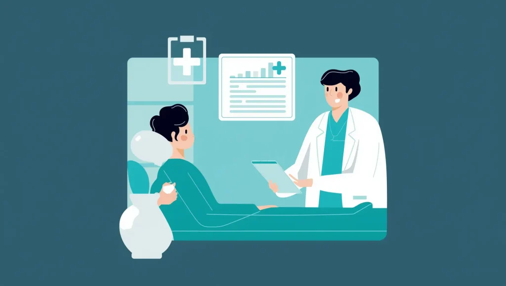 a patient and doctor during a follow-up consultation, with the doctor showing treatment progress on a tablet, in a clinic setting with turquoise accents