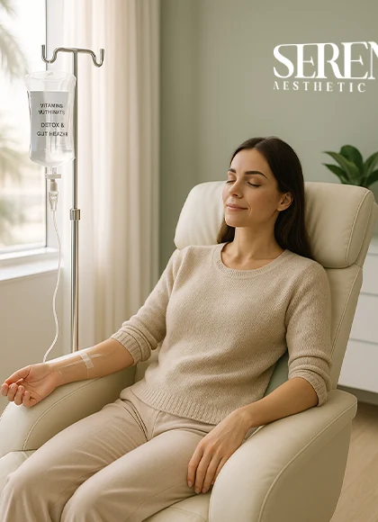 Detox & Gut Wellness IVs in Dubai 1 woman receiving detox and gut wellness IV therapy in a bright modern Dubai clinic, relaxing comfortably on a recliner with IV drip beside her